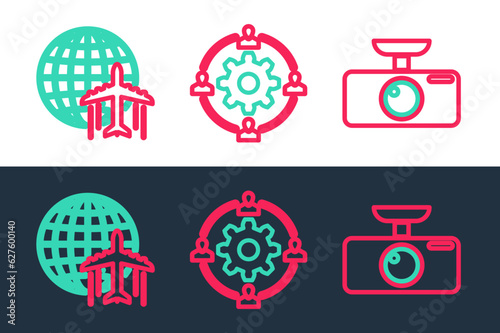 Set line Car DVR, Globe with flying plane and Outsourcing concept icon. Vector