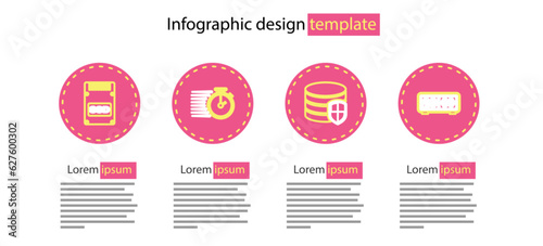 Set line Database protection, Retro flip clock, Stopwatch and SSD card icon. Vector
