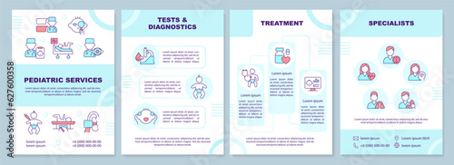 Pediatric services turquoise brochure template. Child health. Leaflet design with linear icons. Editable 4 vector layouts for presentation, annual reports. Arial-Black, Myriad Pro-Regular fonts used