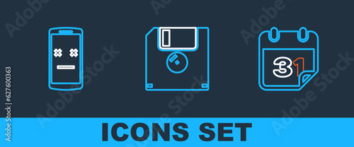 Set line Calendar, Dead mobile and Floppy disk icon. Vector