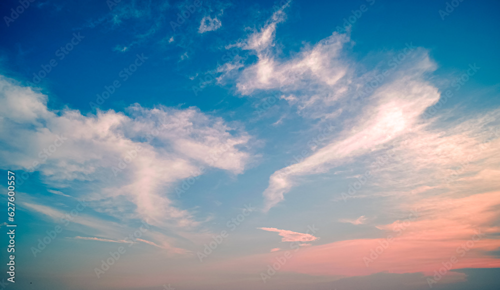 Clouds twilight sky in pastel color Pink and blue, colorful spiritual background.
