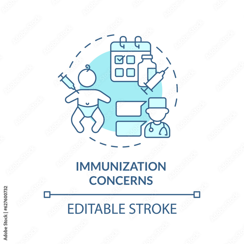 Immunization concerns turquoise concept icon. Kids vaccination. Disease prevention. Infant care. Vaccine safety abstract idea thin line illustration. Isolated outline drawing. Editable stroke