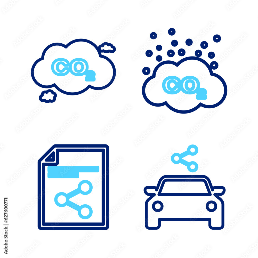 Set line Car sharing, Share file, CO2 emissions cloud and icon. Vector Set line Car sharing, Share file, CO2 emissions cloud and icon. Vector
