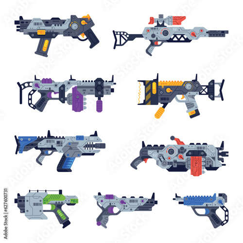 Fantastic Weapon and Raygun as Destructive Energy Gun Vector Set