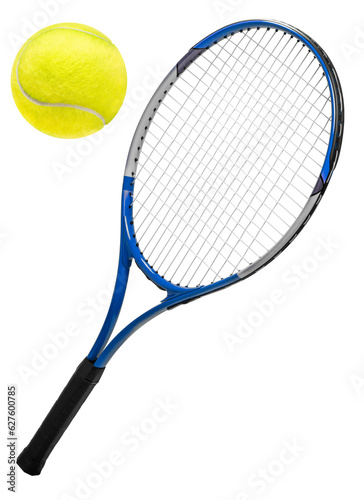 Tennis racket and Yellow Tennis ball sports equipment isolated on white With png file. © MERCURY studio