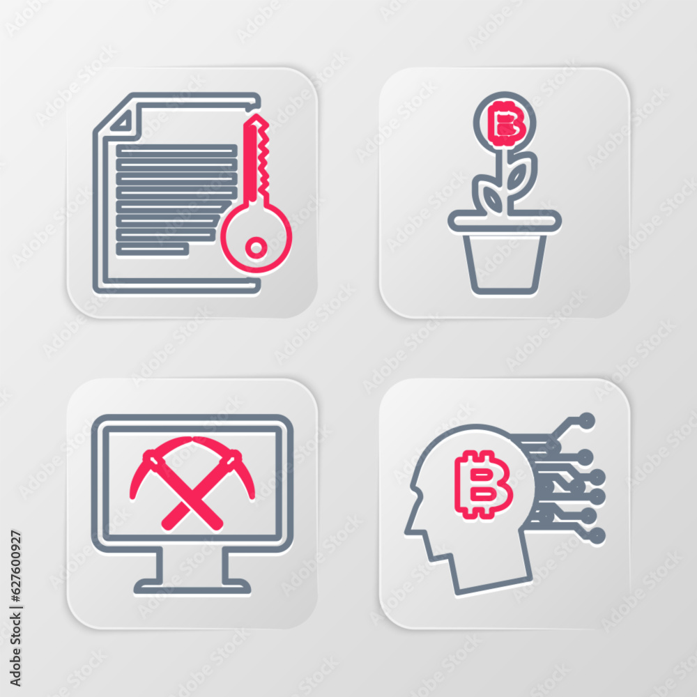 Set line Bitcoin plant in the pot, Mining with monitor and pickaxe, Cryptocurrency key and Smart contract icon. Vector
