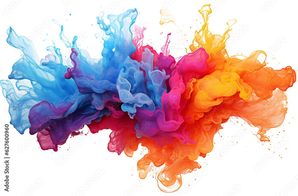 A multi-colored, colorful explosion of paint. A large multi-colored cloud. Isolated on a transparent background. KI.