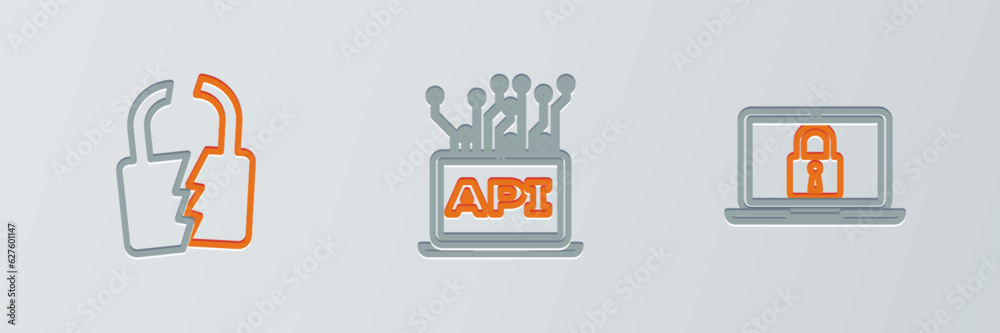 Set line Laptop and lock, Broken or cracked and Computer api interface icon. Vector Set line Laptop and lock, Broken or cracked and Computer api interface icon. Vector