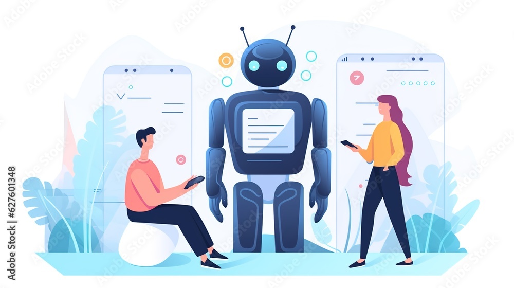 chat bot set, using and chatting artificial intelligence chat bot developed by tech company. digital chat bot, robot application, conversation assistant concept.illustration chat bot set, using and chatting artificial intelligence chat bot developed by tech company. digital chat bot, robot application, conversation assistant concept.illustration