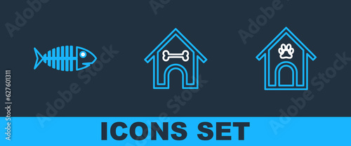 Set line Dog house and paw print pet, Fish skeleton and bone icon. Vector
