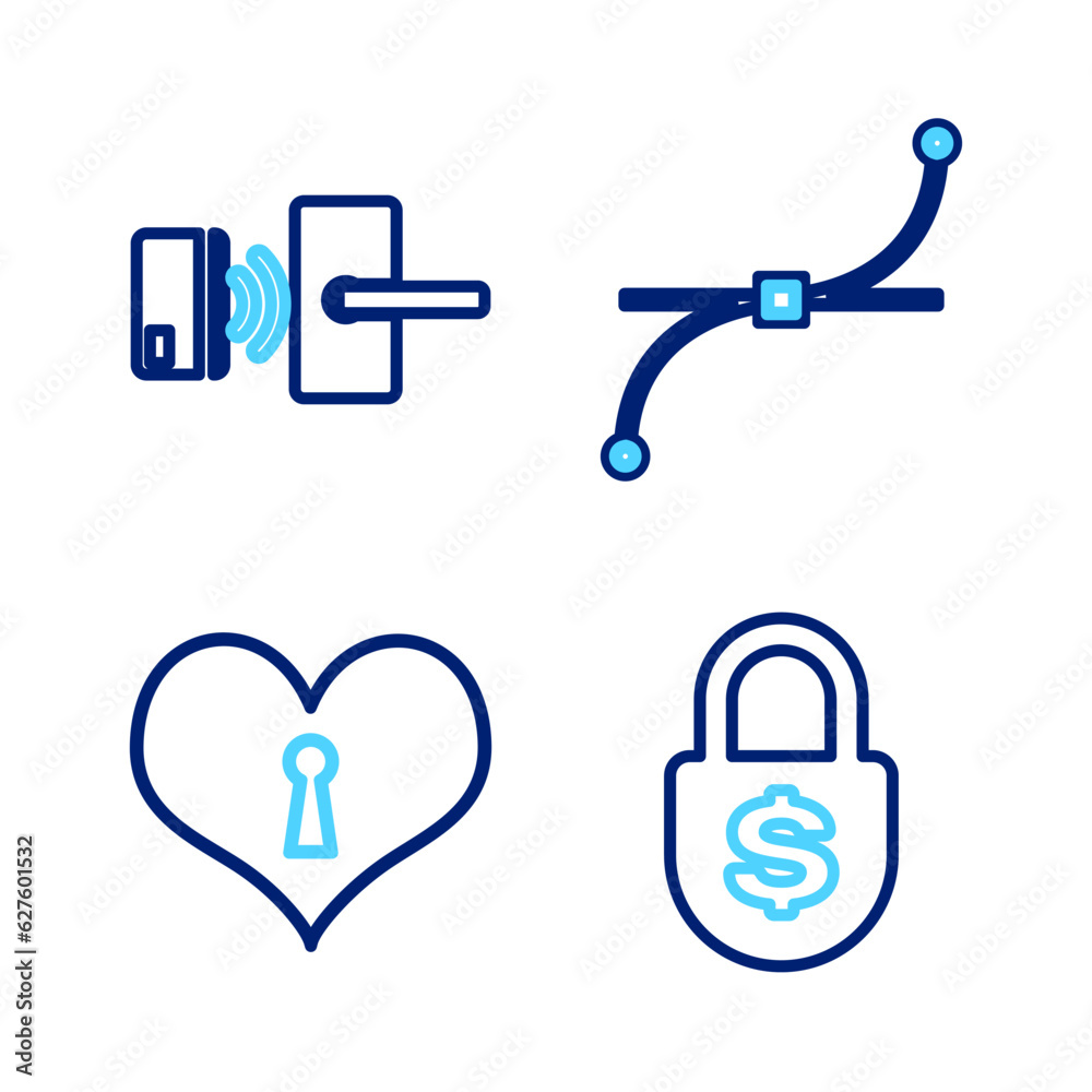 Set line Money lock, Heart with keyhole, Bezier curve and Digital door wireless icon. Vector Set line Money lock, Heart with keyhole, Bezier curve and Digital door wireless icon. Vector