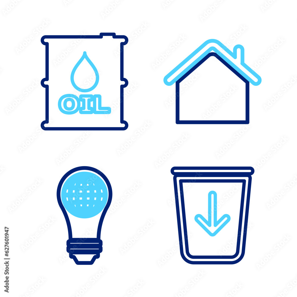 Set line Send to the trash, Light bulb with world globe, House and Oil barrel icon. Vector Set line Send to the trash, Light bulb with world globe, House and Oil barrel icon. Vector