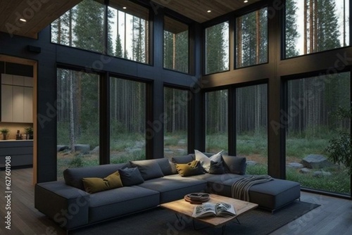 Contemporary forest house with large windows and gray sectional sofa. Generative AI © Edward