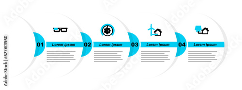 Set line House with solar panel, wind turbine, Thermostat and Smart glasses icon. Vector