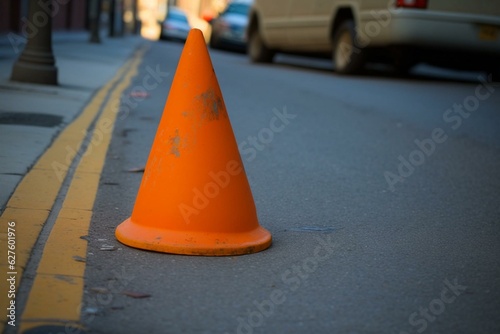 Orange traffic cone marking hazard on street sidewalk. Generative AI