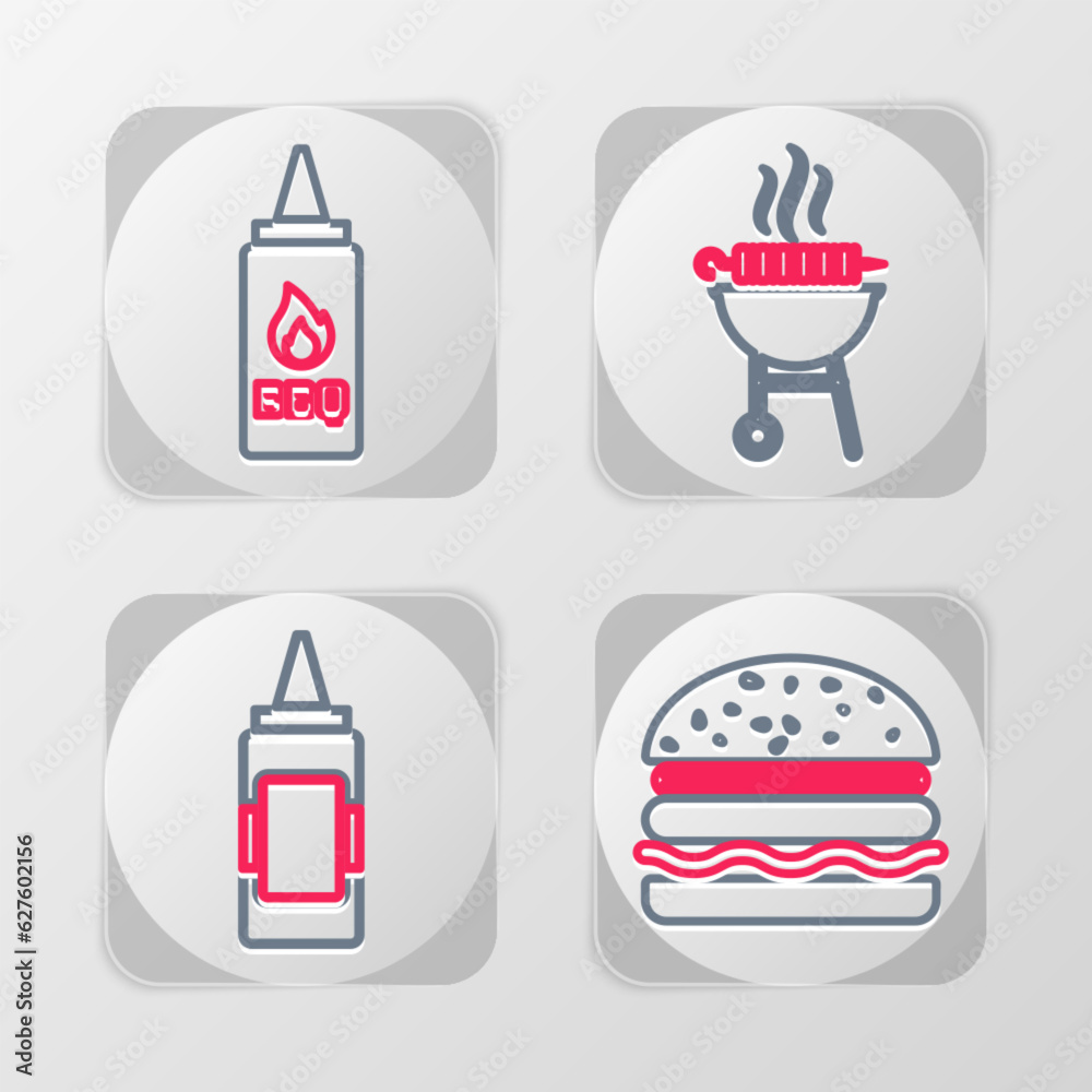 Set line Burger, Mustard bottle, Barbecue grilled shish kebab and Ketchup icon. Vector