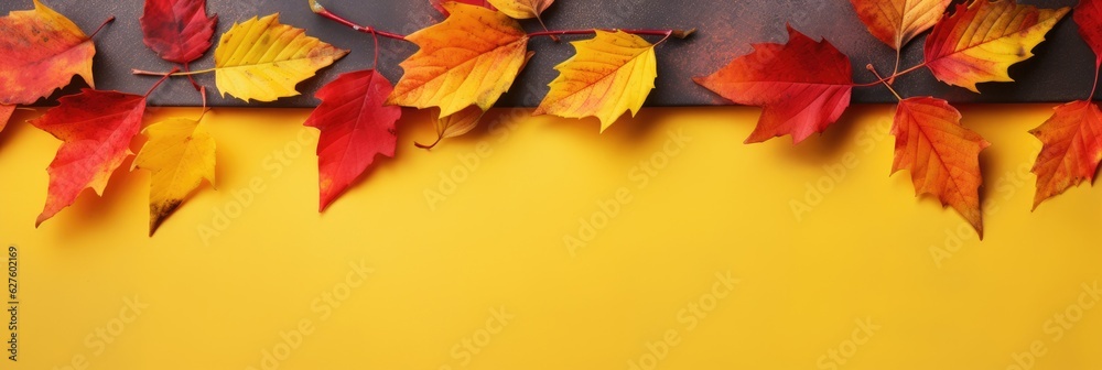 Autumn background with colored leaves on yellow background. Generative AI Autumn background with colored leaves on yellow background. Generative AI