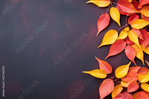 Autumn background with colored leaves on yellow background. Generative AI