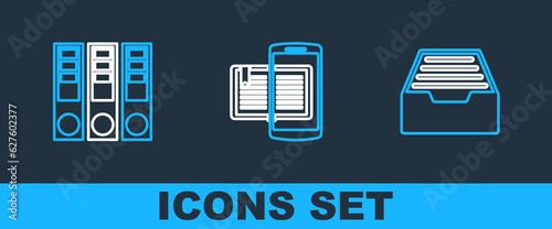 Set line Drawer with documents, Office folders and Smartphone and book icon. Vector