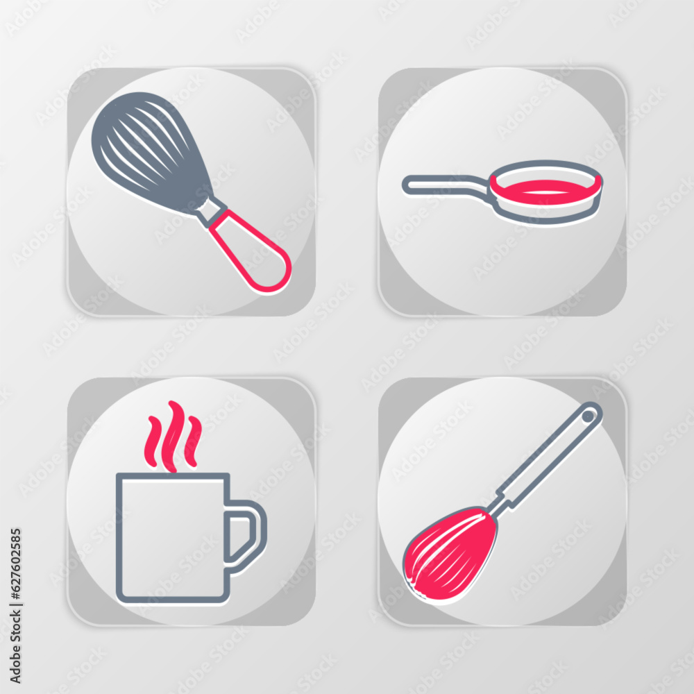 Set line Kitchen whisk, Coffee cup, Frying pan and icon. Vector Set line Kitchen whisk, Coffee cup, Frying pan and icon. Vector