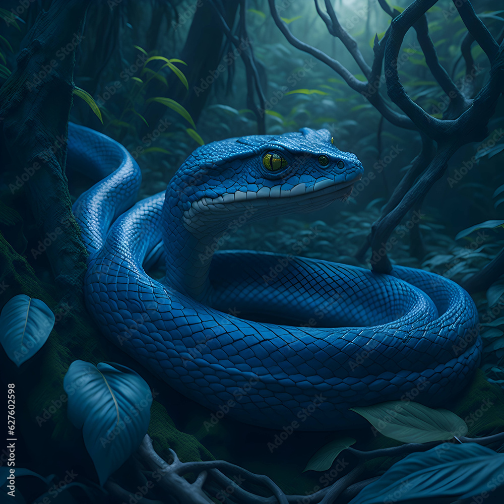 Fototapeta premium blue viper snake, cinematic view, generative AI 