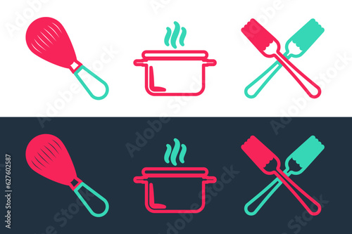 Set line Crossed fork, Kitchen whisk and Cooking pot icon. Vector