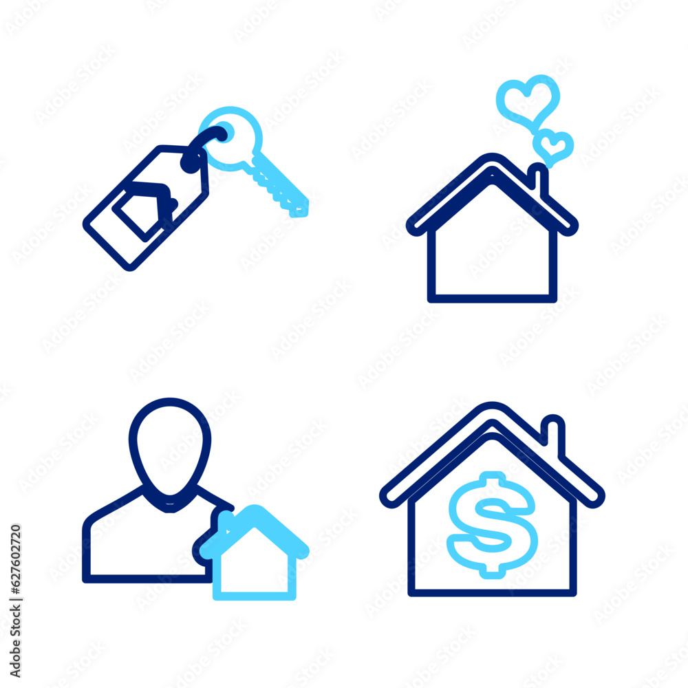 Set line House with dollar, Realtor, heart shape and key icon. Vector Set line House with dollar, Realtor, heart shape and key icon. Vector