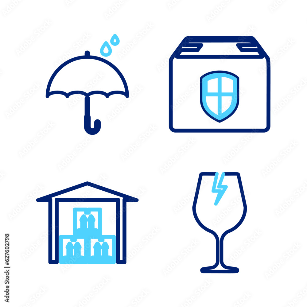 Set line Fragile broken glass, Warehouse, Delivery box security shield and Umbrella and rain drops icon. Vector Set line Fragile broken glass, Warehouse, Delivery box security shield and Umbrella and rain drops icon. Vector