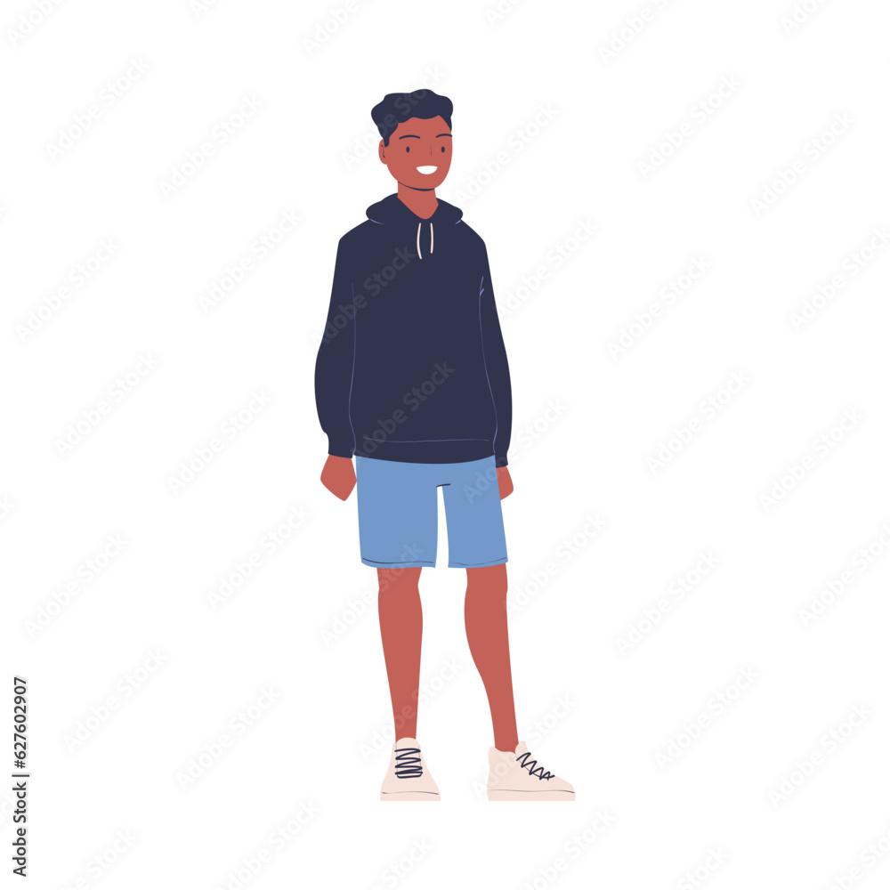 Fashionable African American Man Character in Hoody Standing in Casual Clothes Vector Illustration