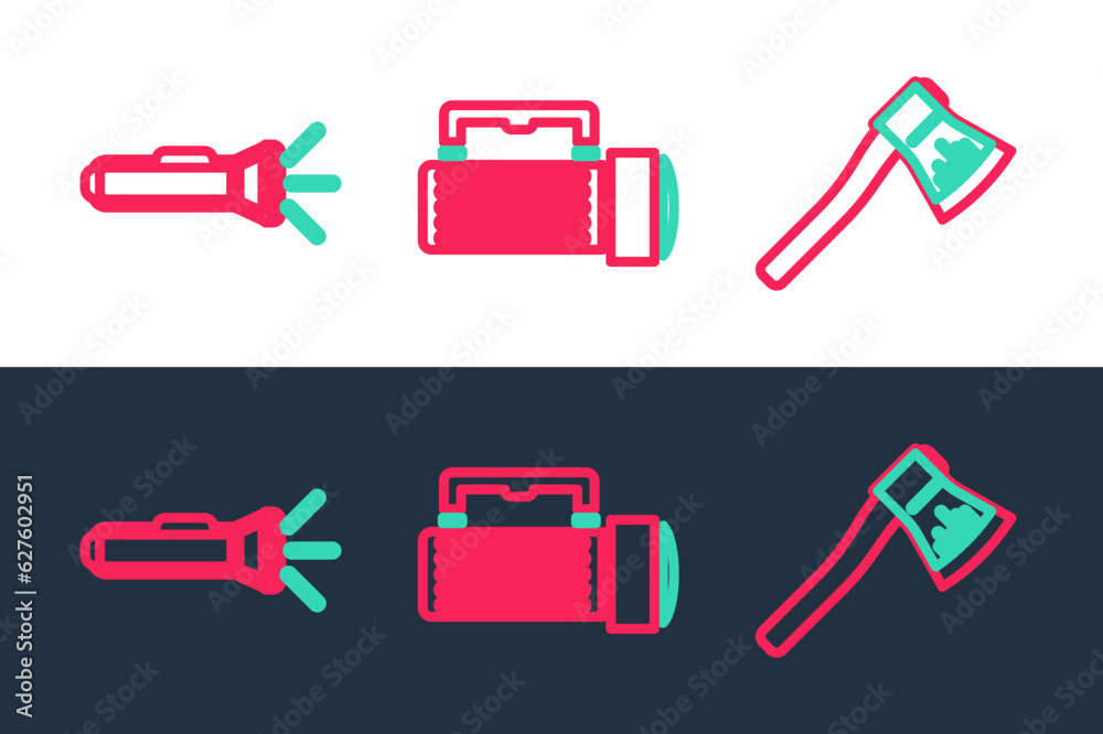 Set line Wooden axe, Flashlight and icon. Vector Set line Wooden axe, Flashlight and icon. Vector