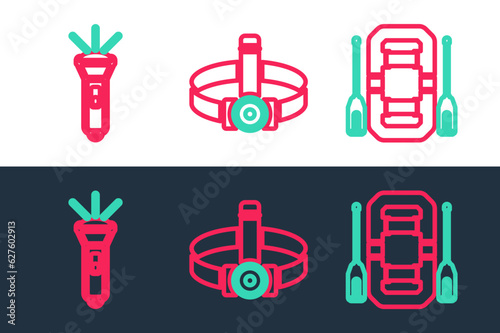 Set line Rafting boat, Flashlight and Head flashlight icon. Vector
