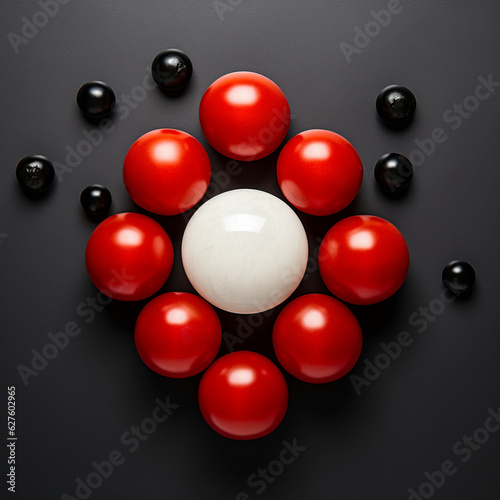 Top view, geometrical and minimalistic composition, tomatoes, black and red and white. Abstract, simple © نيلو ڤر