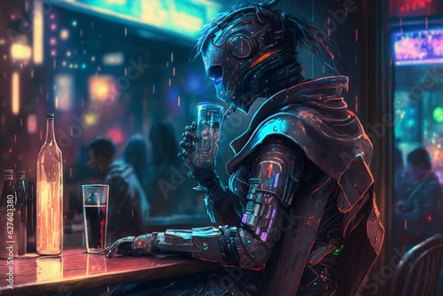 Anime-inspired cyberpunk robot drinking at a bar. Generative AI