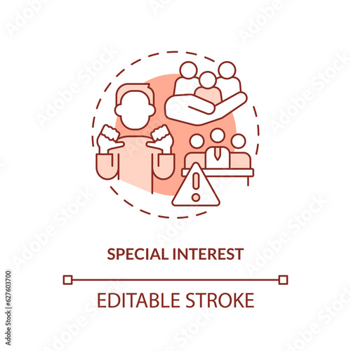 Editable special interest red icon concept, isolated vector, lobbying government thin line illustration.
