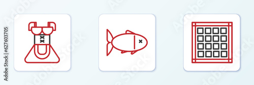 Set line Checkered napkin, Costume for women dirndl and Fish icon. Vector