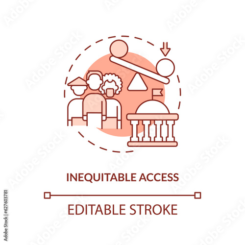 Editable inequitable access red icon concept, isolated vector, lobbying government thin line illustration.