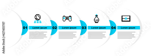 Set line Chest for game, Bottle with magic elixir, Gamepad and Computer network icon. Vector
