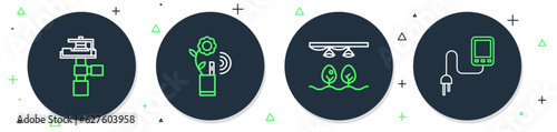 Set line Smart farming technology, with bulb and plant, Automatic irrigation sprinklers and Sensor icon. Vector