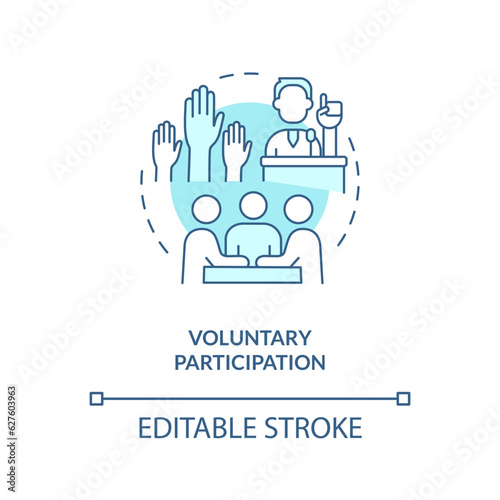 Editable voluntary participation blue icon concept, isolated vector, lobbying government thin line illustration.