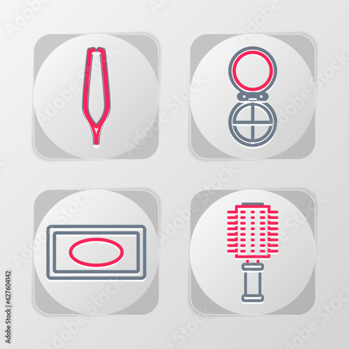 Set line Hairbrush, Bar of soap, Makeup powder with mirror and Eyebrow tweezers icon. Vector