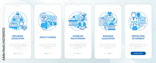 2D blue thin line icons representing lobbying government mobile app screen set. 5 steps graphic instructions, UI, UX, GUI template.