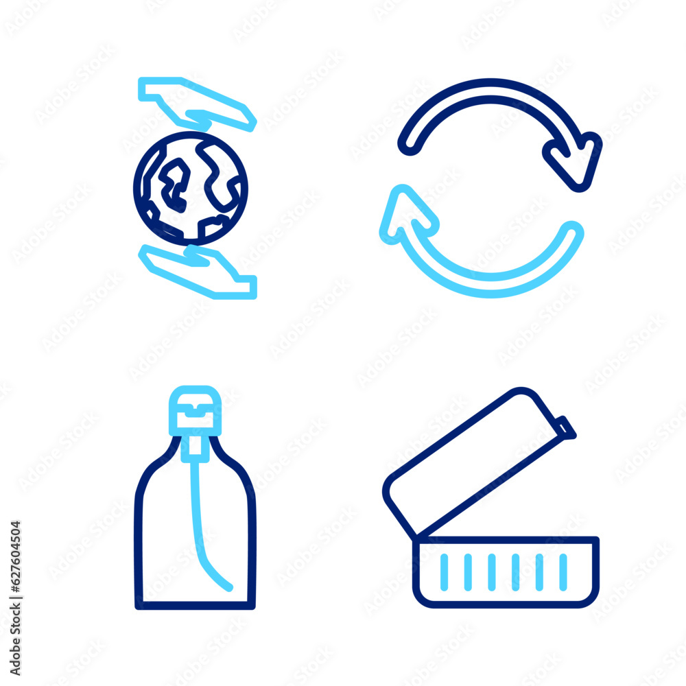 Set line Lunch box, Bottle of liquid soap, Refresh and Hands holding Earth globe icon. Vector