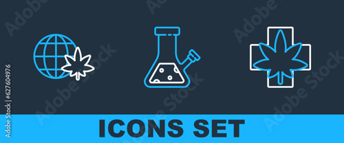 Set line Medical marijuana or cannabis leaf, Legalize globe and Glass bong for smoking icon. Vector
