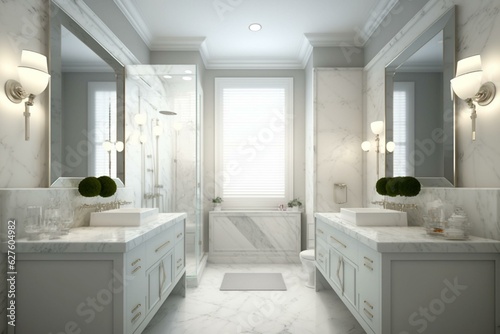 Contemporary bathroom featuring a white marble design and double sink. Generative AI