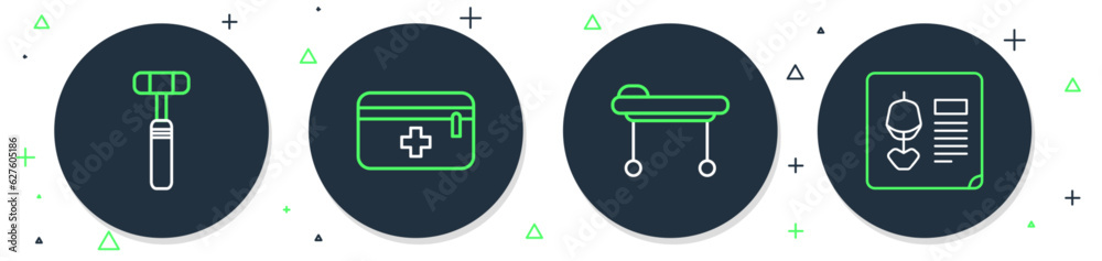 Set line First aid kit, Stretcher, Neurology reflex hammer and X-ray shots icon. Vector Set line First aid kit, Stretcher, Neurology reflex hammer and X-ray shots icon. Vector
