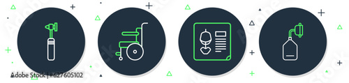 Set line Wheelchair for disabled person, X-ray shots, Medical otoscope tool and oxygen mask icon. Vector