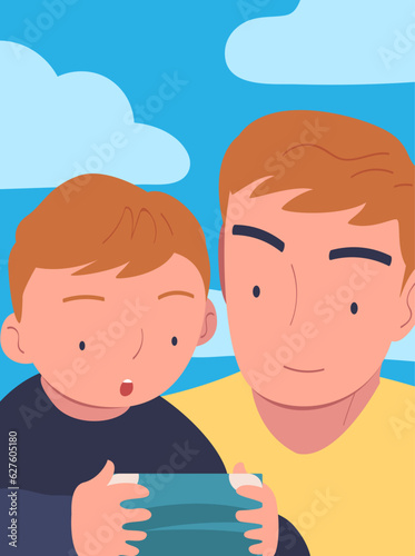 Happy Father Watch Video with His Son Spend Time Together Vector Illustration