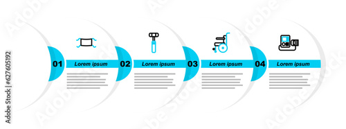 Set line Blood pressure, Wheelchair for disabled person, Neurology reflex hammer and Medical protective mask icon. Vector