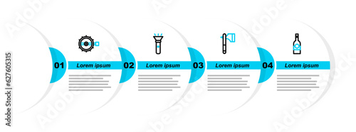 Set line Bottle of vodka, Wooden axe, Flashlight and Trap hunting icon. Vector