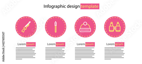 Set line Winter hat, Binoculars, Medieval spear and Shotgun icon. Vector